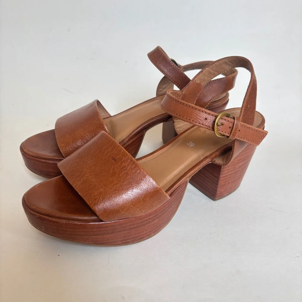 Fortress of Inca Hannah Sandals Tan Brown Block Heels Ankle Strap Leather 39 8.5